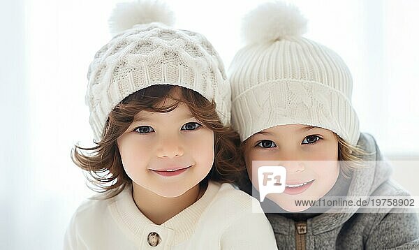 Zwei Kinder im Winterkranz  die zusammen lächeln. Familie Konzept Ai generiert