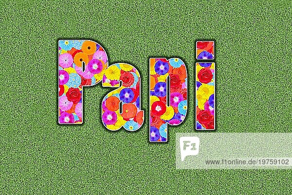 Wort Papi ausgeschrieben  Vater  farbenfroh  viele Blumen  sommerlich  Grafikdesign  Illustration  Hintergrund grün  Kindersprache