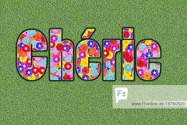 Französisches Kosewort Chérie für den Ehepartner  Kosenamen (weibliche Form) (femininum) ausgeschrieben  farbenfroh  viele Blumen  sommerlich  Grafikdesign  Illustration  Hintergrund grün