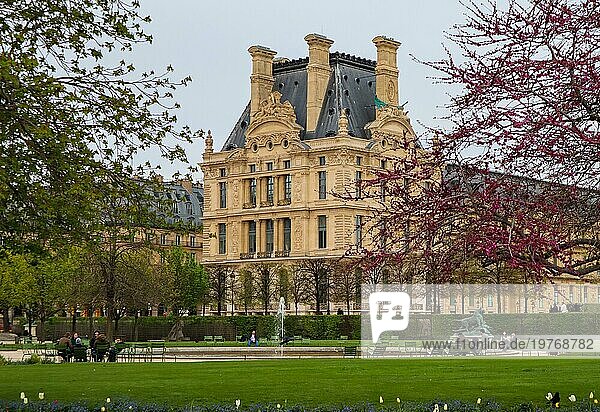 Frankreich  05. April 2019. Wunderschöner Frühlingsgarten der Tuilerien und Blick auf den Louvre Palast  Europa