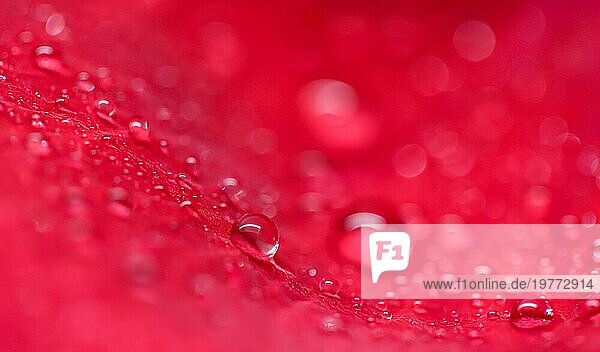 Hintergrund aus roten Rosenblättern mit Tautropfen. Bokeh mit Lichtreflexion. Makro unscharfer natürlicher Hintergrund. Weichzeichner