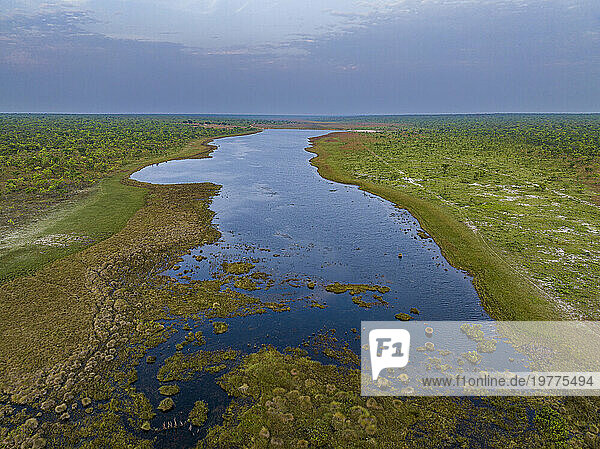 Aerial of the Sacasanje lagoon  Moxico  Angola  Africa