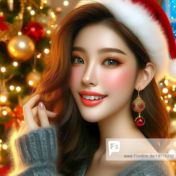 Porträt einer jungen fröhlichen Frau mit roten Lippen und lockigem Haar in einem Strickpulli lächelt im Hintergrund eines weihnachtlich geschmückten Weihnachtsbaums an einem Feiertag im Dezember. AI Generiert