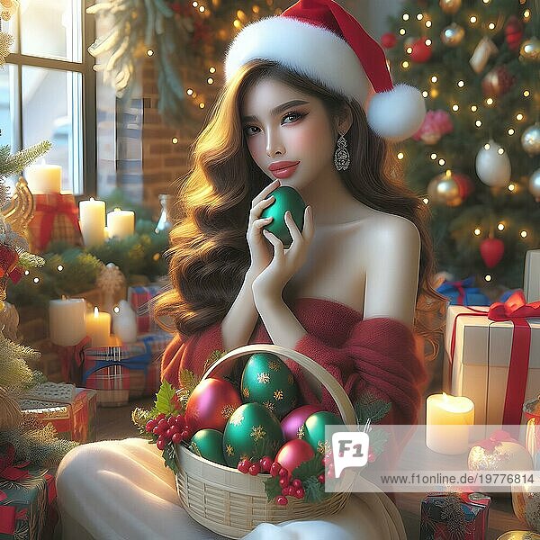 Porträt einer jungen fröhlichen Frau mit roten Lippen und lockigem Haar in einem Strickpullover lächelt und hält ein dekoriertes Osterei neben einem geschmückten Weihnachtsbaum an einem Feiertag im Dezember. AI Generiert