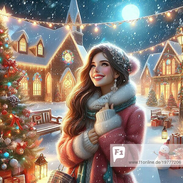 Porträt einer jungen  fröhlichen Frau mit roten Lippen und lockigem Haar in einem Strickpullover  die lächelt und eine rote Weihnachtskugel hält  mit der sie ihre Augen bedeckt  vor dem Hintergrund eines weihnachtlich geschmückten Weihnachtsbaums an einem Feiertag im Dezember. AI Generiert