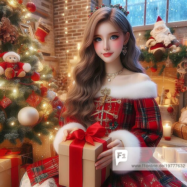 Porträt einer jungen fröhlichen Frau mit roten Lippen und lockigem Haar in einem Strickpulli lächelt im Hintergrund eines weihnachtlich geschmückten Weihnachtsbaums an einem Feiertag im Dezember. AI Generiert