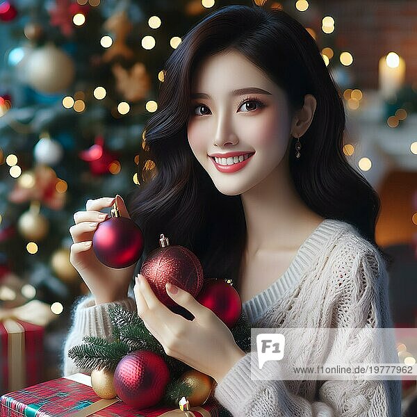 Porträt einer jungen fröhlichen Frau mit roten Lippen und lockigem Haar in einem Strickpullover lächelt und hält eine rote Weihnachtskugel im Hintergrund eines weihnachtlich geschmückten Weihnachtsbaums an einem Feiertag im Dezember. AI Generiert