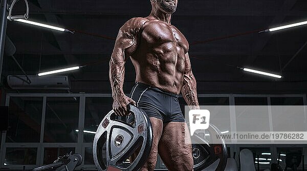Bild eines starken Athleten  der im Fitnessstudio posiert. Fitness und Bodybuilding Konzept. Gemischte Medien
