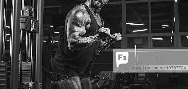 Bild eines kraftvollen Athleten  der in einem Crossover im Fitnessstudio trainiert. Bizeps pumpt. Fitness und Bodybuilding Konzept