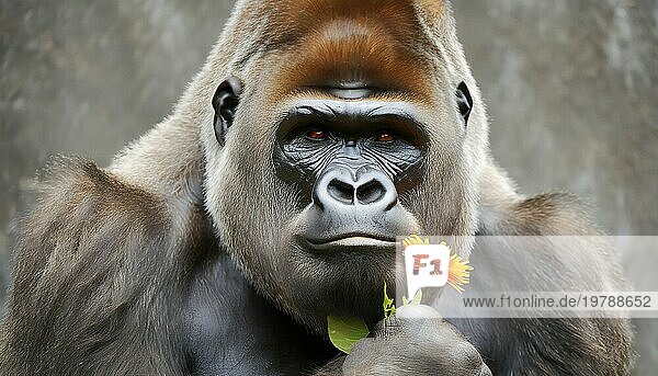 Tierporträt  Ein mächtiger männlicher Gorilla hält eine Blume in der Hand  KI generiert