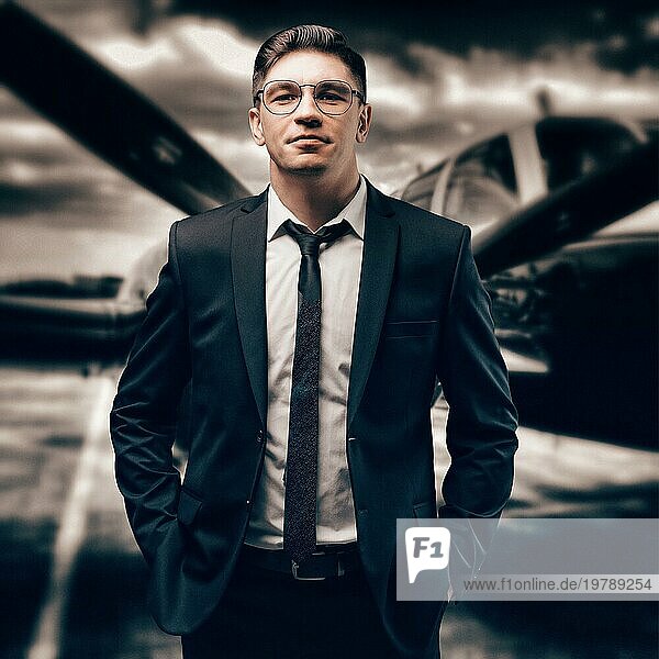 Porträt eines Mannes in einem Geschäftsanzug. Er steht auf dem Flughafen inmitten eines Sportflugzeugs. Flugzeugdesigner. Private Fluggesellschaften. Gemischte Medien