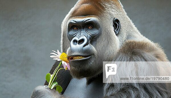 Tierporträt  Ein mächtiger männlicher Gorilla hält eine Blume in der Hand  KI generiert