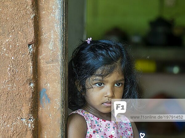 Kleines singhalesisches Mädchen mit großen Augen und schwarzen Haaren steht in Tür  Sri Lanka  Asien
