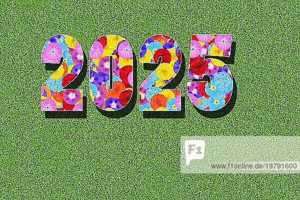 Jahreszahl  Jahr 2025 geschrieben mit bunten Blumen auf grünem Hintergrund  Grafik  Computermontage  Grafikdesign
