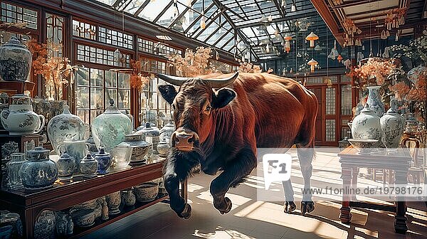 Sehr großer Stier mit Hörnern in einem mit Glaswaren gefüllten Porzellanladen. generative AI
