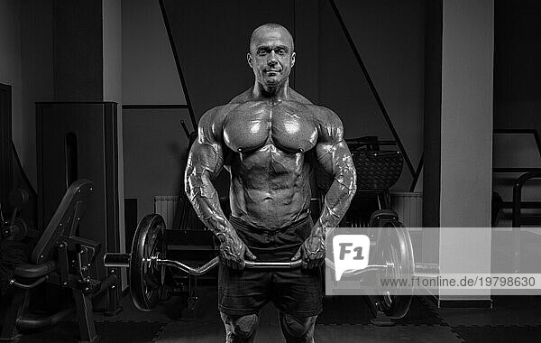 Professioneller Gewichtheber posiert in der Turnhalle mit einer Langhantel in seinen Händen. Klassisches Bodybuilding.