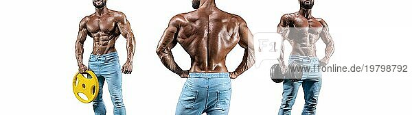 Set von drei sexy muskulösen Männern. Posieren auf einem weißen Hintergrund mit Hanteln. Rücken und Vorderansicht. Bodybuilding und Fitness Konzept. Gemischte Medien