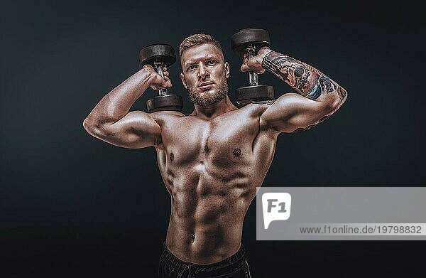Junger muskulöser Mann posiert mit Hanteln im Studio. Schultern pumpen. Fitness und Bodybuilding Konzept.