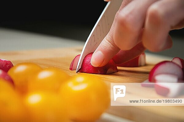 Die Finger einer jungen Frau  die in der Küche kocht  schneiden Gemüse. Geschnittene Radieschen und Tomaten  Nahaufnahme