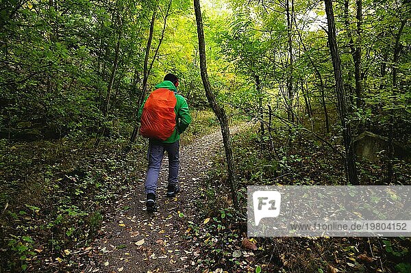 Ein Tourist in grüner Jacke und rotem Rucksack geht einen Bergweg im Frühling oder Herbst entlang. Reisender  Tourist in Herbstlandschaft. Berge und Trekking  Rückansicht
