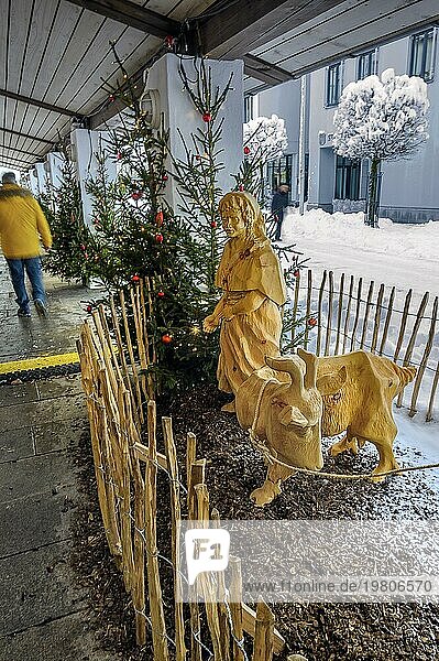 Rathauspassage mit Weihnachtsbäumen und hölzerner Grippenfigur  Winter  Kempten  Allgäu. Bayern  Deutschland  Europa