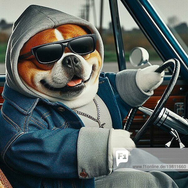 Coole hispanische Gangster übergewichtig gemischte Rasse Hund Fahrt Lowrider Retroauto tragen Hoodie  Sonnenbrille und Kette  anthropomorphen lustigen Charakter ai generiert