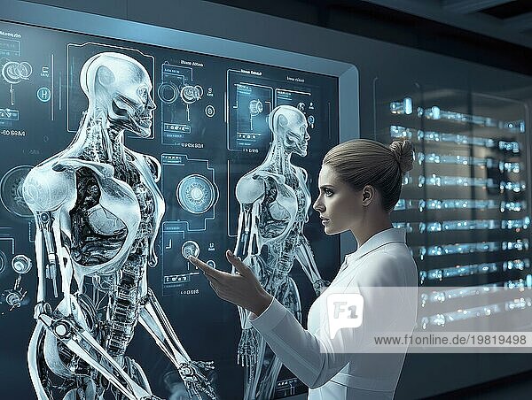 Menschlicher Körper  eine Frau steht vor dem Schaubild eines künstlichen menschlichen Körpers  Illustration  Mikrochip  Transhumanismus  Symbolfoto. KI generiert