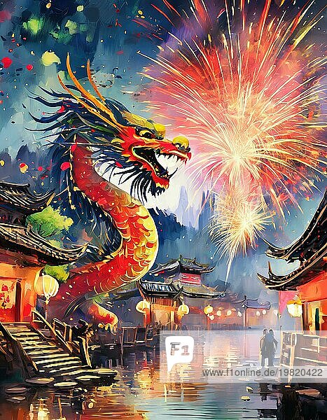 Chinesischer Drache und Feuerwerk am Himmel über einem alten chinesischen Dorf  das das asiatische Neujahr mit dem 2024 Zeichensymbol feiert. Konzeptuelle festliche Malerei Szene. Ai generierte Kunst