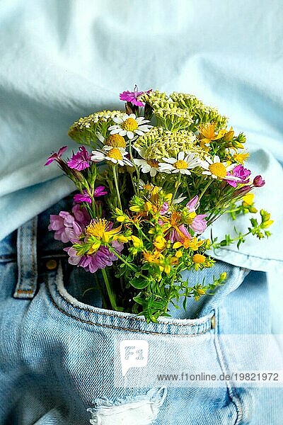 Schöne zarte Blumen in der vorderen Tasche der Jeans im Freien  Nahaufnahme  Sommer Liebe romantisches Konzept