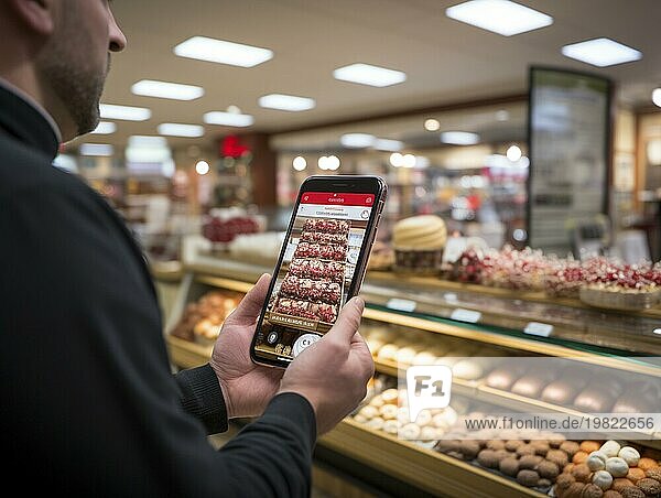 Einkaufen und Kontrolle mit dem Handy beim Einkaufen  mobiles Bezahlen  mobile Kontrolle über das Smartphone  KI generiert