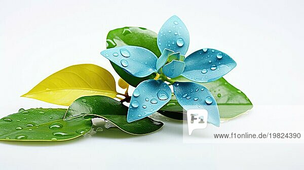 Eine blaue Blume mit grünen Blättern  die mit Wassertropfen verziert sind und ein Gefühl von Frische und Ruhe vermitteln. Ai generated