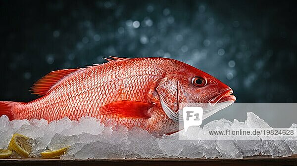 Frischer roter Fisch auf Eis auf dunkelblauem Hintergrund mit Bokeh AI erzeugt  KI generiert