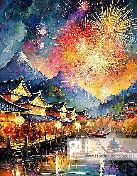 Blick auf ein chinesisches Dorf mit Bergen im Hintergrund  das das neue Jahr mit Feuerwerk und Funkenflug feiert. Ai generierte Kunst