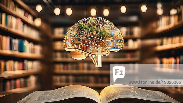 Gehirn auf Buch. Gehirn Konzept Hintergrund.Bild. Virtuelles Gehirn und Verbindungslinie Netzwerk Bildungskonzept.kreatives Denken Idee Innovation Strategie. AI generiert