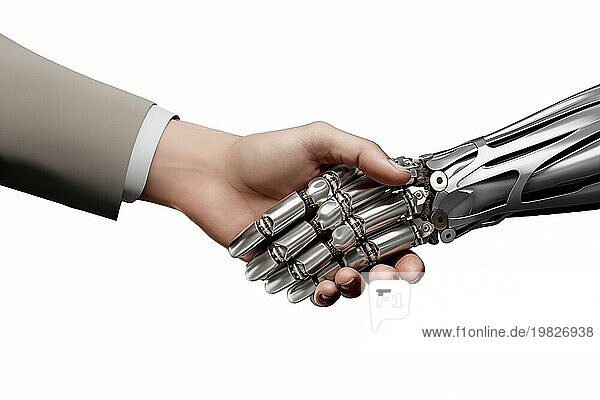 Händedruck zwischen einer menschlichen Hand und einer Roboterhand aus Metall. Das Bild symbolisiert Partnerschaft  Vertrauen und Zusammenarbeit zwischen Menschen und KI Technologie