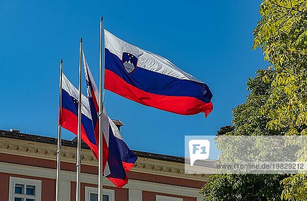 Ein Bild mit mehreren slowenischen Flaggen  die in der Luft wehen