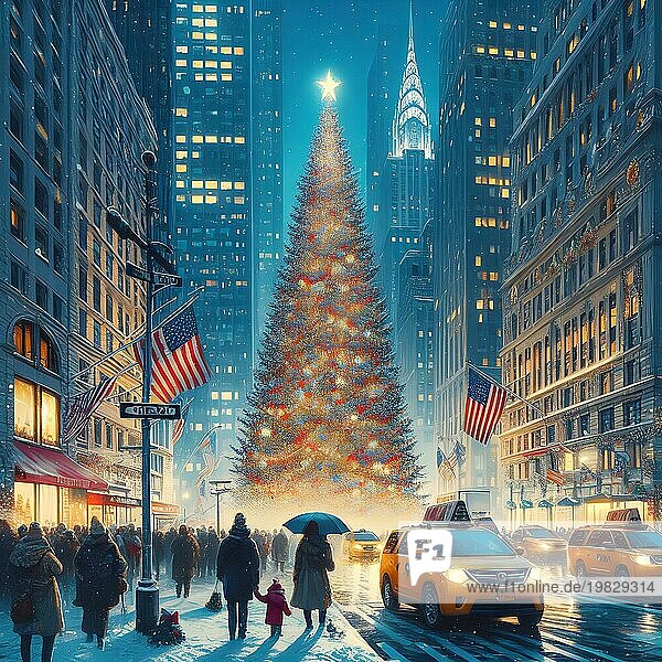 Weihnachtsbaum mit hellen goldenen funkelnden Girlande auf Weihnachtsbaum in der cuty von New York. Neujahrsatmosphäre. Feiertage und Neujahr Konzept. AI generiert