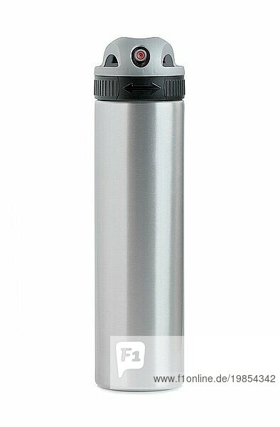 Aluminiumflasche Spray mit Sprühdüse Schaltersperre EinAus  vor weißem Hintergrund