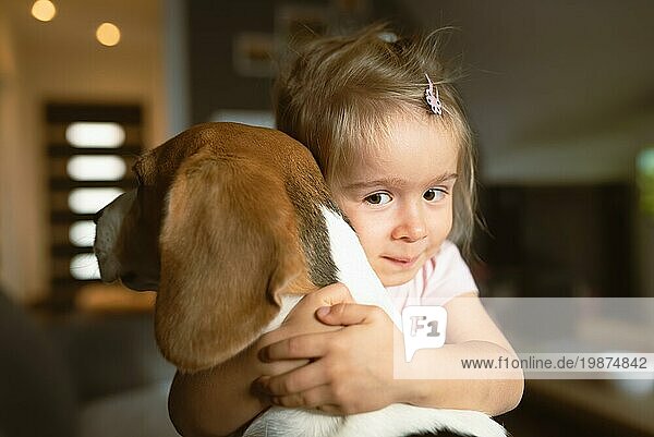 Kind kuscheln hart ein Beagle Hund im Wohnzimmer. Haustiere mit Kindern Konzept. Selektiver Fokus