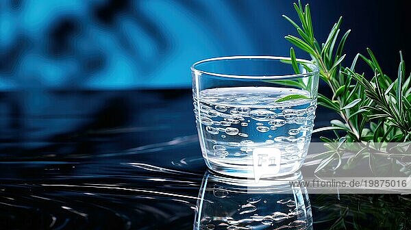 Ein transparentes  mit Wasser gefülltes Glas  begleitet von einer grünen Pflanze auf einer spiegelnden Oberfläche  die Ruhe und Frische ausstrahlt