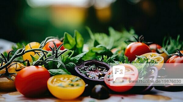 Frische Tomaten mit Basilikum und Olivenöl auf einem schwarzen Teller. Selektiver Fokus AI erzeugt  KI generiert