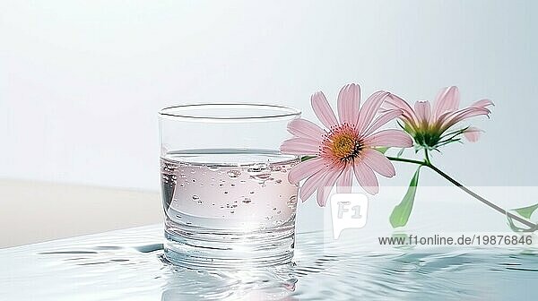 Eine heitere Komposition mit einem klaren Glas Wasser und eine rosa Blume  Hervorhebung Reinheit und Einfachheit Ai erzeugt