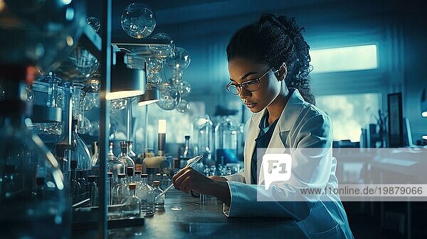 Wissenschaftlerin bei der Arbeit im Labor. Wissenschaft  Chemie  Biologie  Medizin und Menschen Konzept AI erzeugt  KI generiert