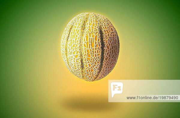 Die Zuckermelone (Cucumis melo) ist eine Melonenart  aus der zahlreiche Kultursorten hervorgegangen sind. Grüner orangefarbener Hintergrund