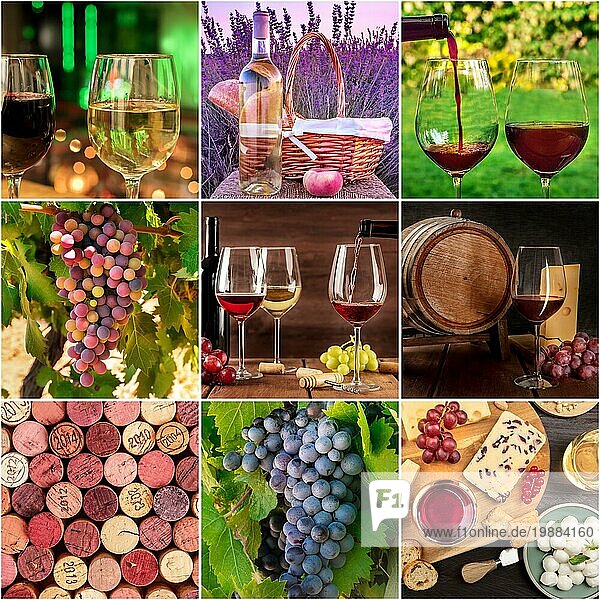 Wein Collage. Viele Fotos von Trauben  Weingläsern  Fässern  Korken  eine quadratische Designvorlage für ein Banner  einen Flyer oder eine Restaurantkarte