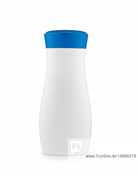 Weiße Plastikflasche mit blauem Deckel