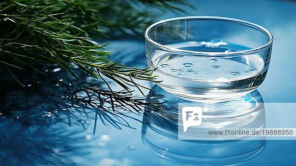 Ein klares Glas Wasser auf einer spiegelnden Oberfläche mit einem Kiefernzweig  der Reinheit und Gelassenheit suggeriert Ai erzeugt