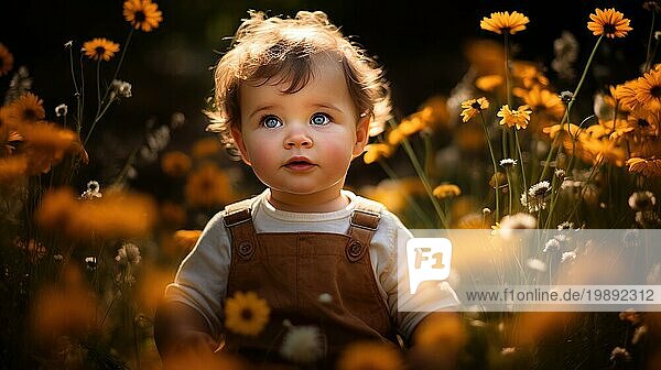 Porträt eines niedlichen kleinen Mädchens auf einer Wiese mit gelben Blumen AI generiert  KI generiert