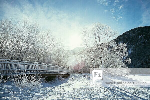 Idyllische Winterlandschaft: Holzbrücke und verschneite Bäume  Bergkette im Hintergrund