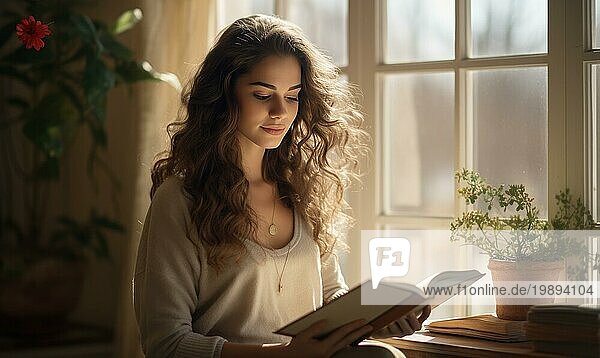 Schöne Frau stehen in der Nähe des Fensters und lesen ein Buch Ai erzeugt
